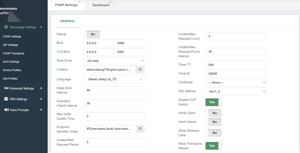 PJSIP Settings VitalPBX Trunk Vodafone