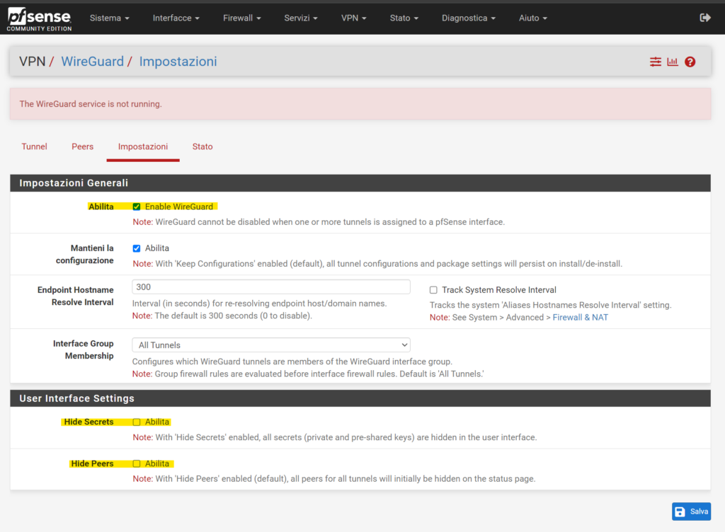 impostazioni tunnel wireguard