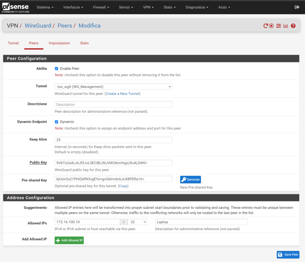 Creazione peer pfsense