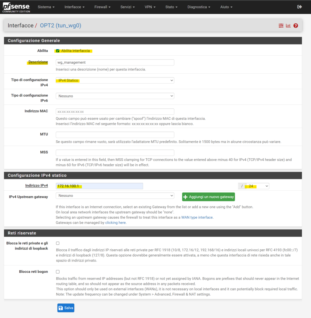 Configurazione interfaccia Wireguard