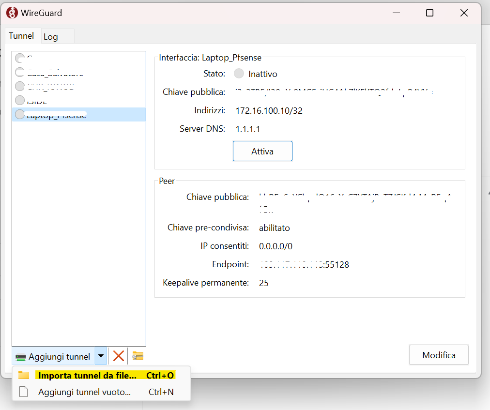 Importazione profilo Wireguard road warrior