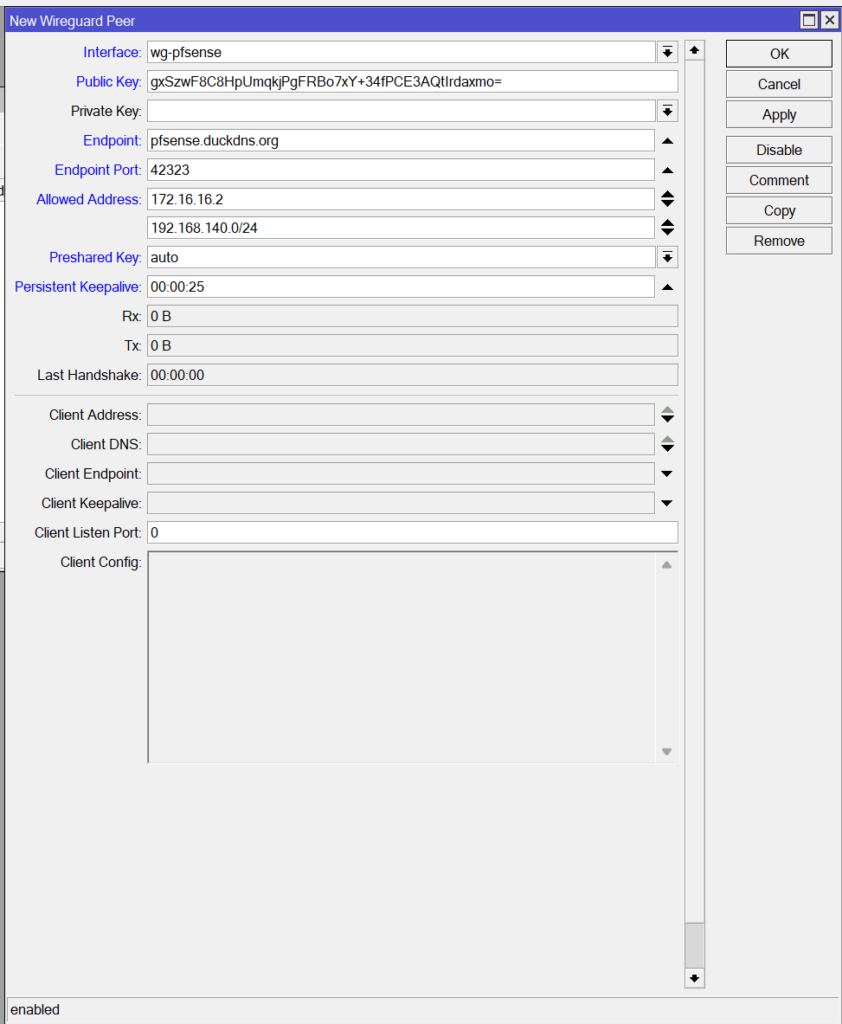 Configurazione peer Wireguard mikrotik