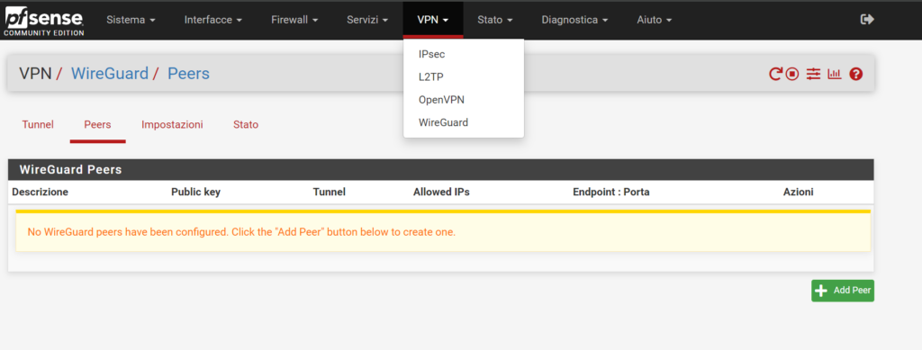 Sezione Wreguard peers Pfsense