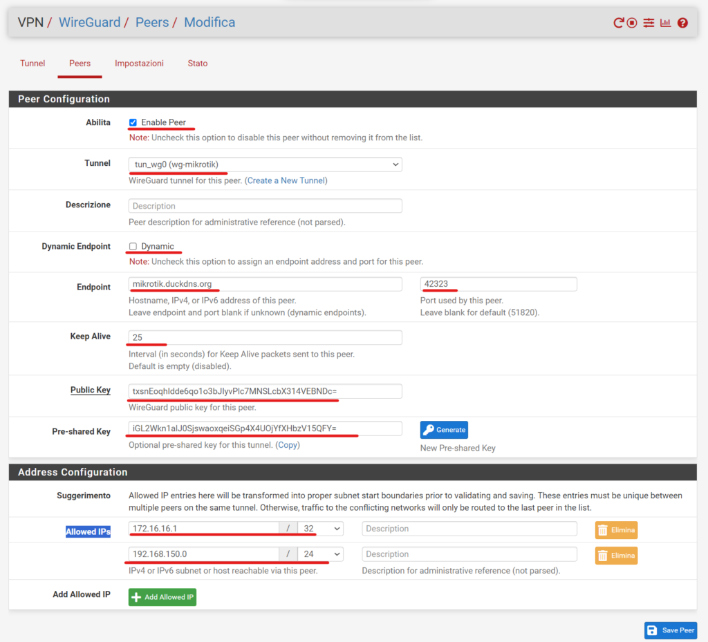 Creazione peer Wireguard Pfsense