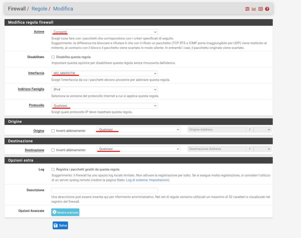 Regola firewall tunnel wireguard