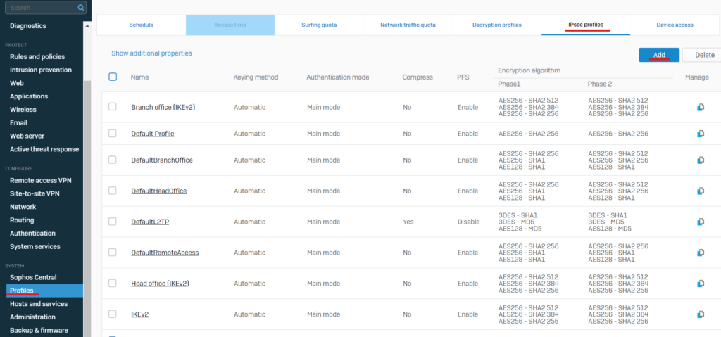 IPsec Profiles Sophos Mikrotik