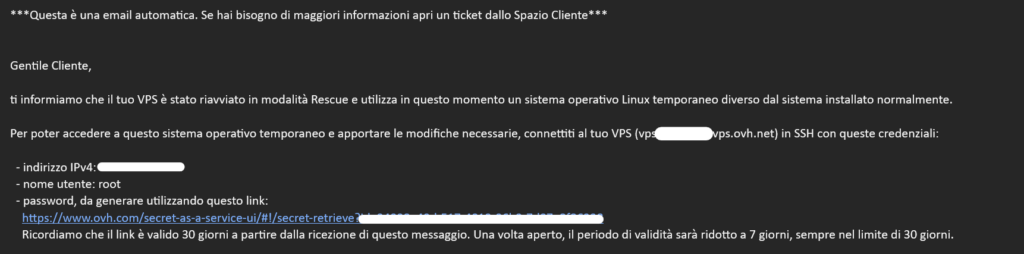 dettagli accesso rescue mode VPS OVH